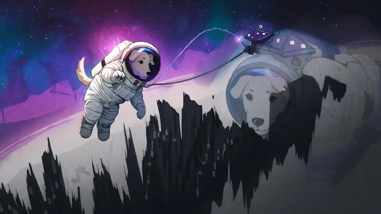 Lone space dog on fraying platform above abyss representing low liquidity risks