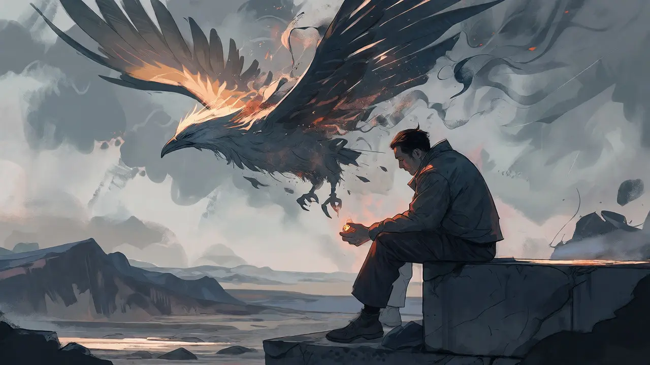 Lone trader watching a fading phoenix symbolize a crashing token price