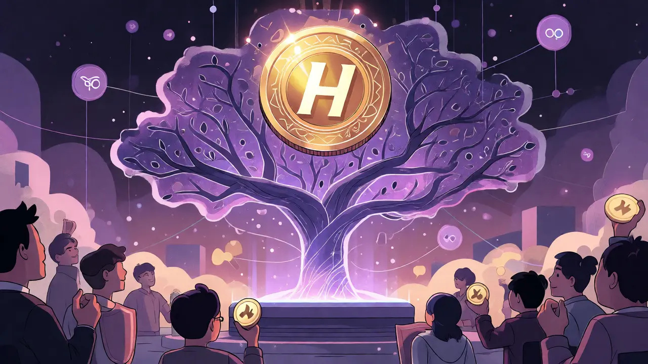 Manhua depiction of the HOP token as a central hub connecting various blockchain networks through governance and liquidity.