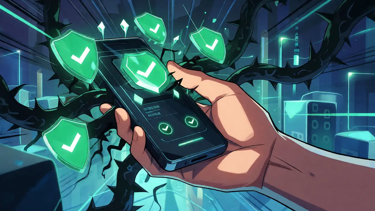 Manhua-style graphic showing a secure wallet shielded from dark, thorny malicious contract vines.
