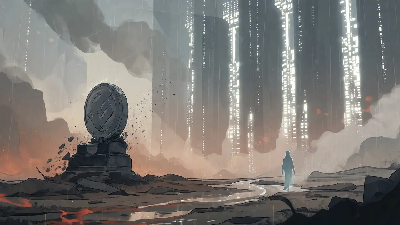 Melancholic manhua scene showing the defunct UFR project overshadowed by larger storage networks.