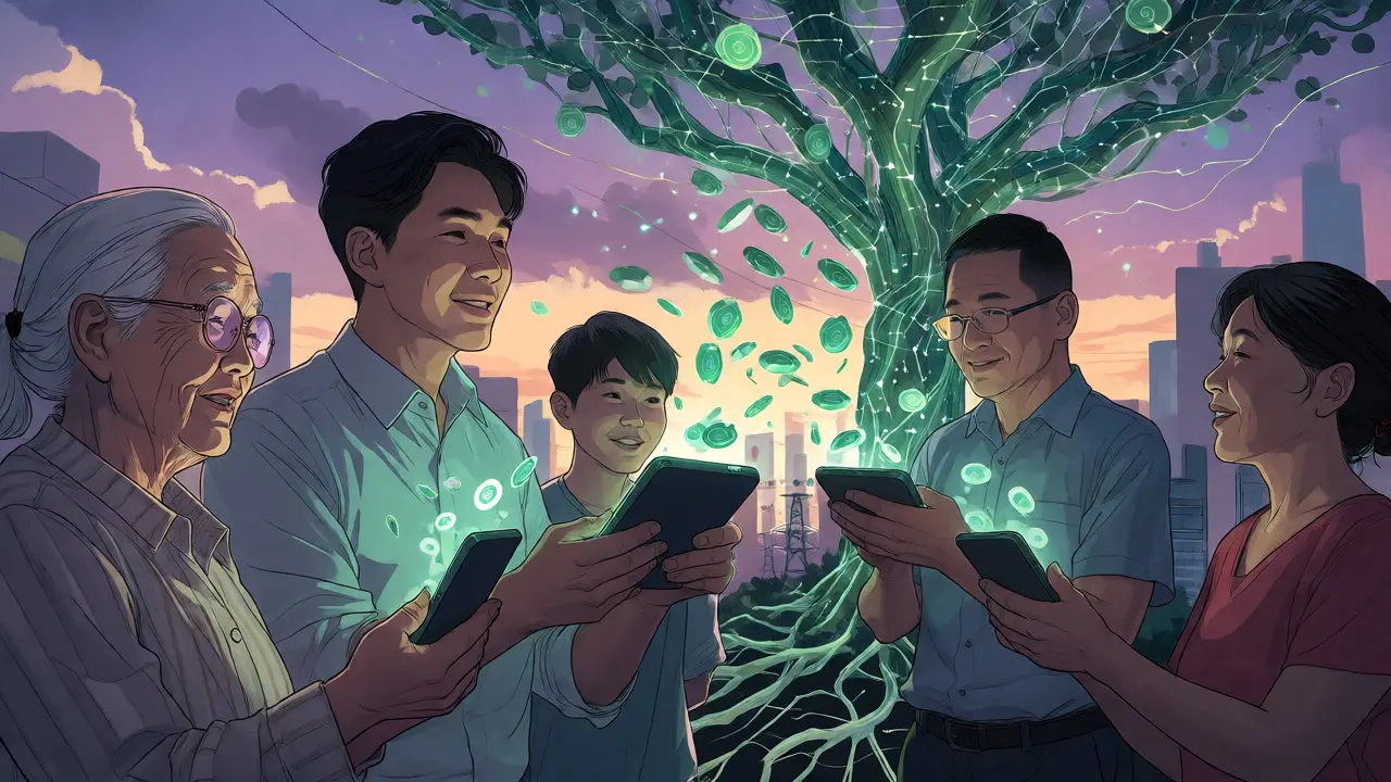 Prosumers generating renewable energy tokens that form a digital tree in a manhua illustration.