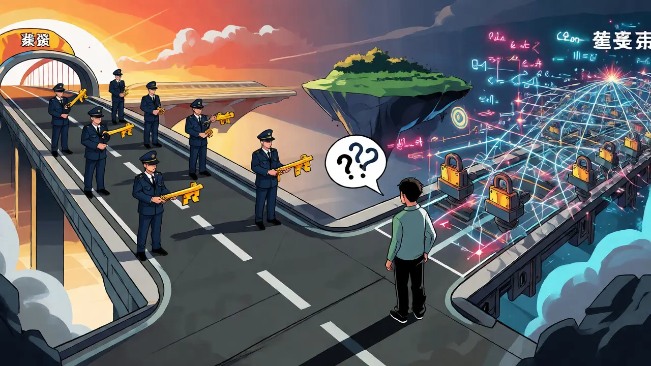 Side-by-side comparison of fast trusted bridges and complex trustless cryptographic bridges.