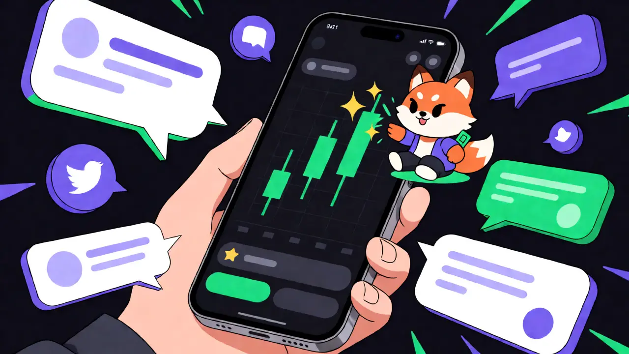 Smartphone displays social trading charts surrounded by chat bubbles and a mascot, highlighting community features.
