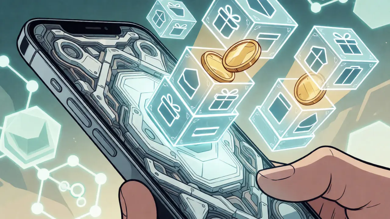 Smartphone transforming into a digital mining rig with reward boxes