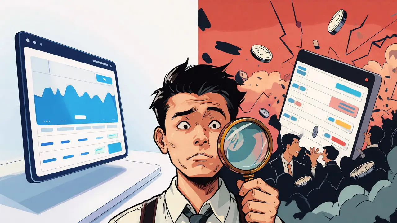 Split-scene cartoon showing low fees versus low liquidity struggles for a crypto trader
