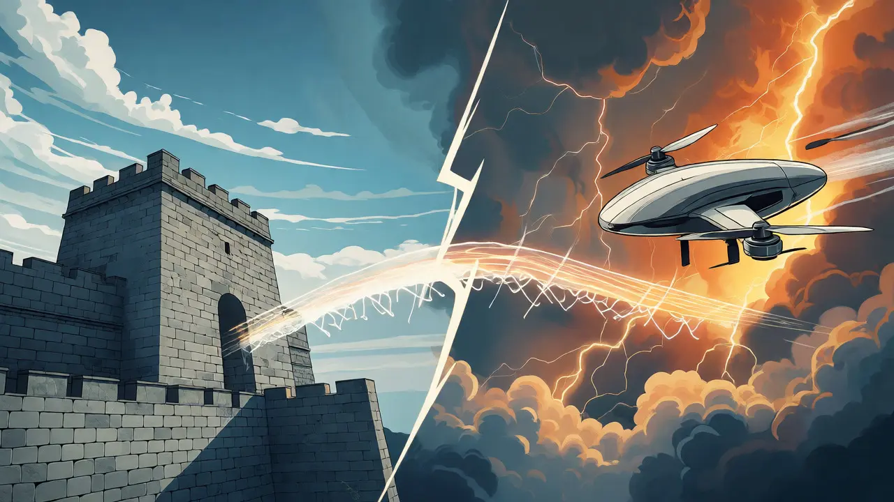Split scene showing a stone fortress and racing drone connected by a fragile light bridge