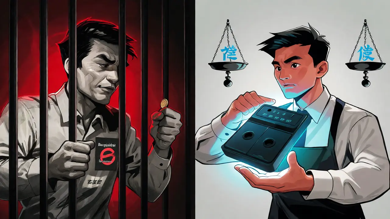 Split-screen cartoon showing restricted trading versus compliant self-custody strategies.