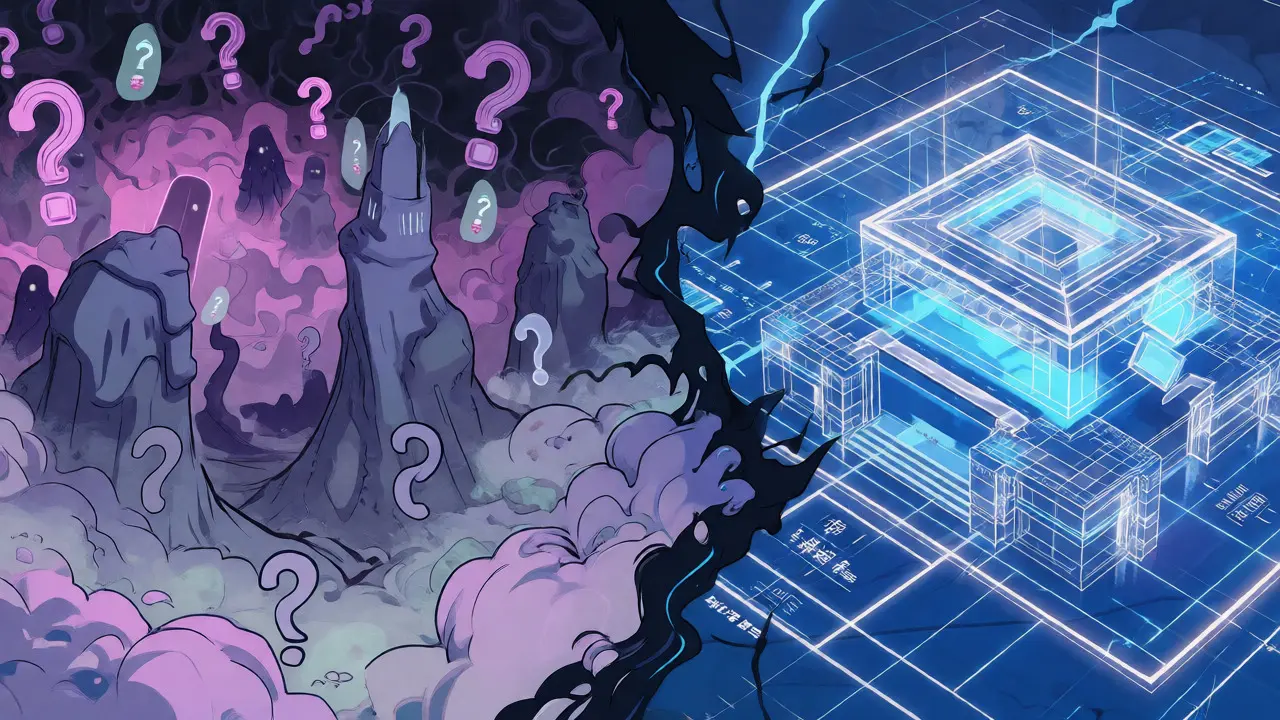 Split-screen manhua art contrasting a foggy void of uncertainty with a bright, structured blueprint of stability.