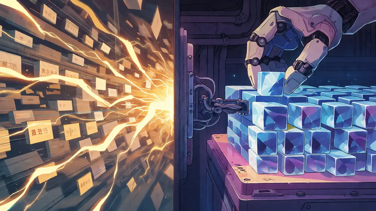 Split-screen manhua art contrasting fast real-time grid control with stable blockchain settlement.