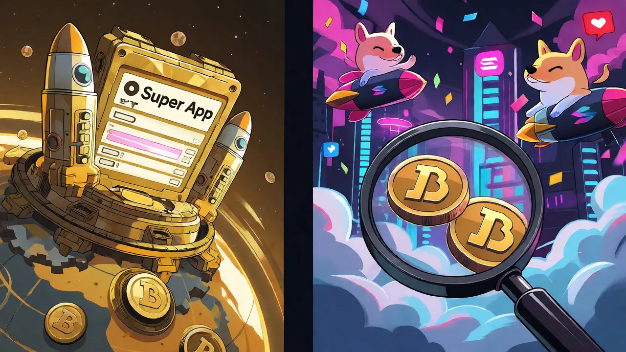 Split view contrasting structured utility app with chaotic meme coin rocket city