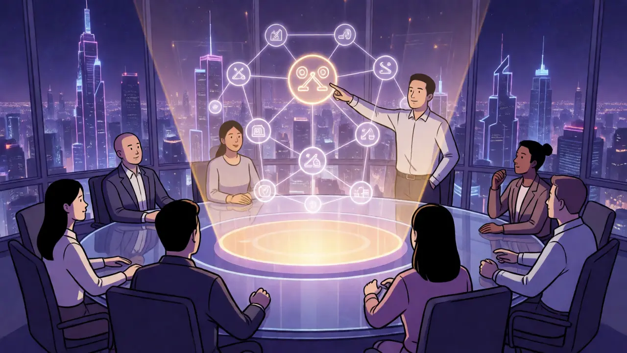 Strategic team analyzing a holographic DeFi network map in a high-tech office.
