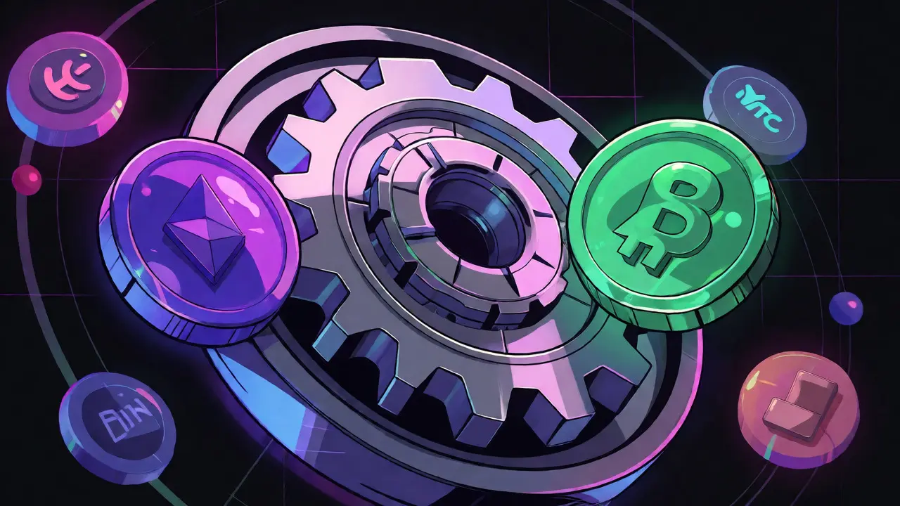 Stylized AMM mechanism swapping ETH and USDC tokens with multi-chain orbits