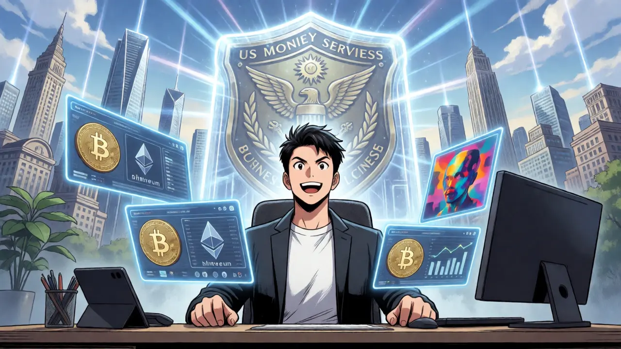 Trader with holographic crypto charts and a glowing US regulatory license emblem in manhua style.