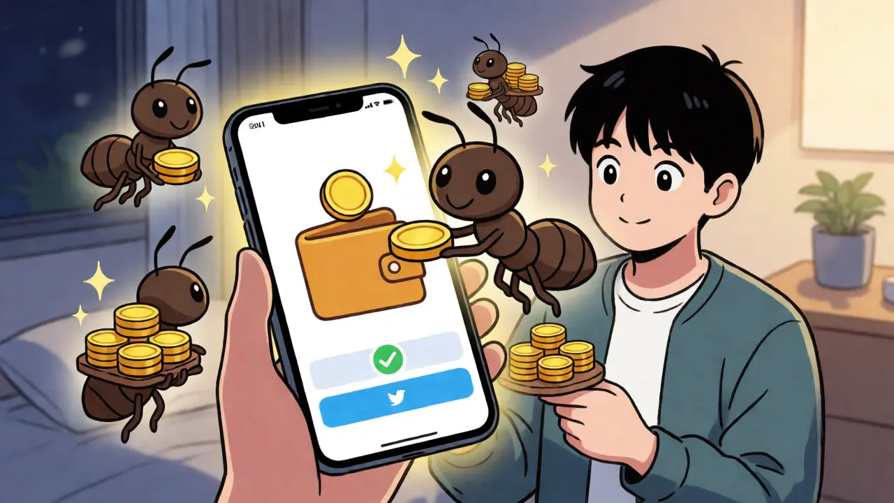 User receiving ANTEX tokens via smartphone during AntEx airdrop campaign.