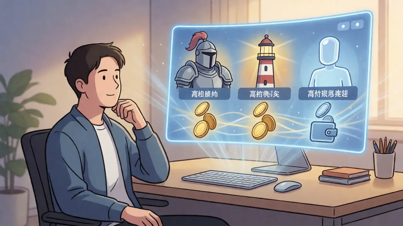 User relaxing as diverse validator avatars deliver steady staking rewards via hologram.