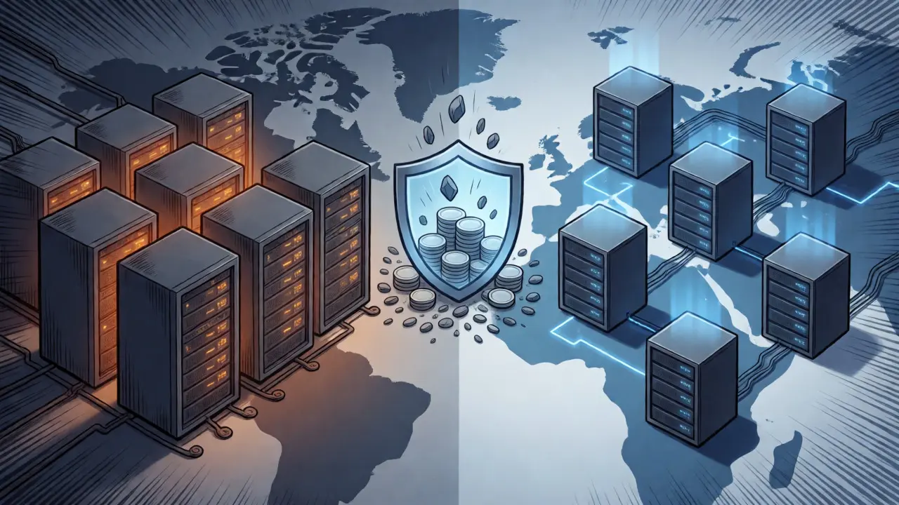 Visual comparison of centralized server risks versus decentralized global node networks.
