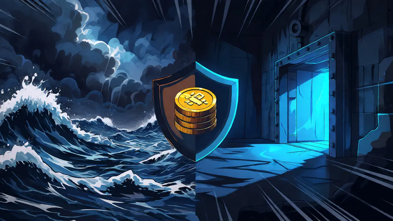 Visual metaphor comparing risky open markets with secure cold storage vaults in a dramatic style.