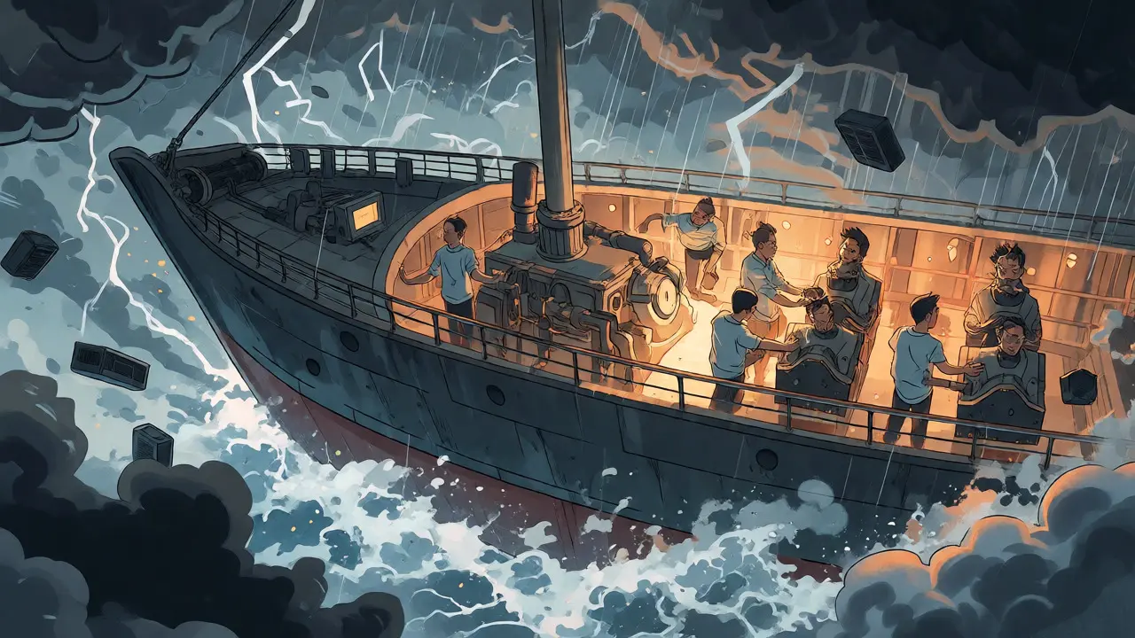 A ship navigating stormy seas, symbolizing Bitcoin network resilience against regulations.