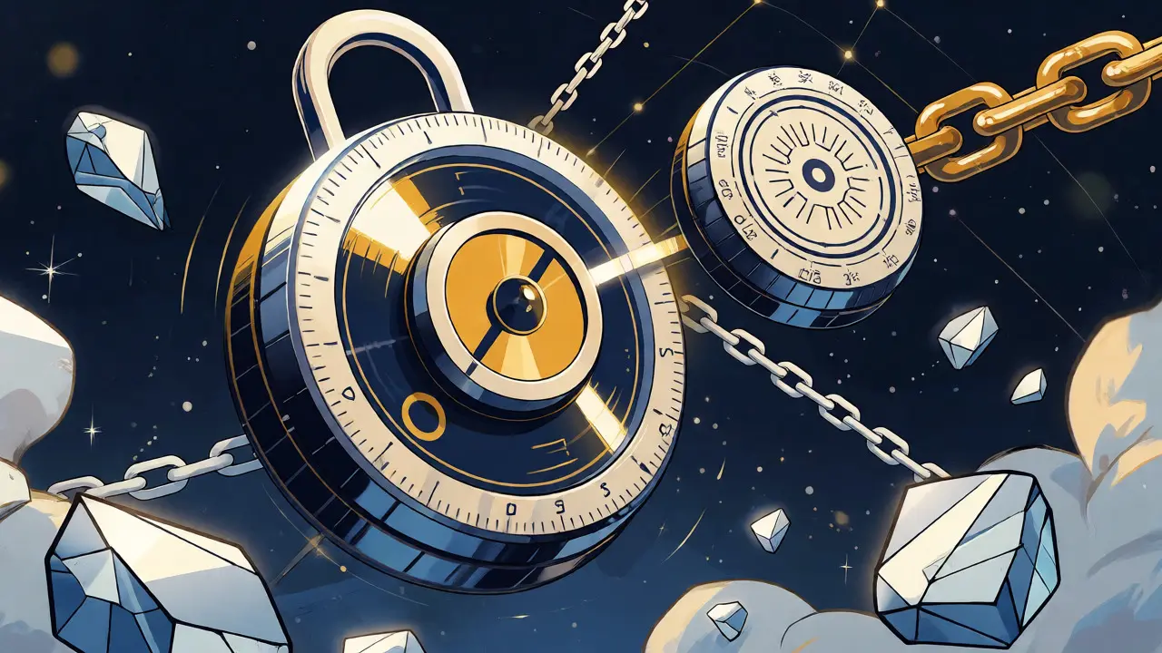 Abstract combination lock with rotating dials in space