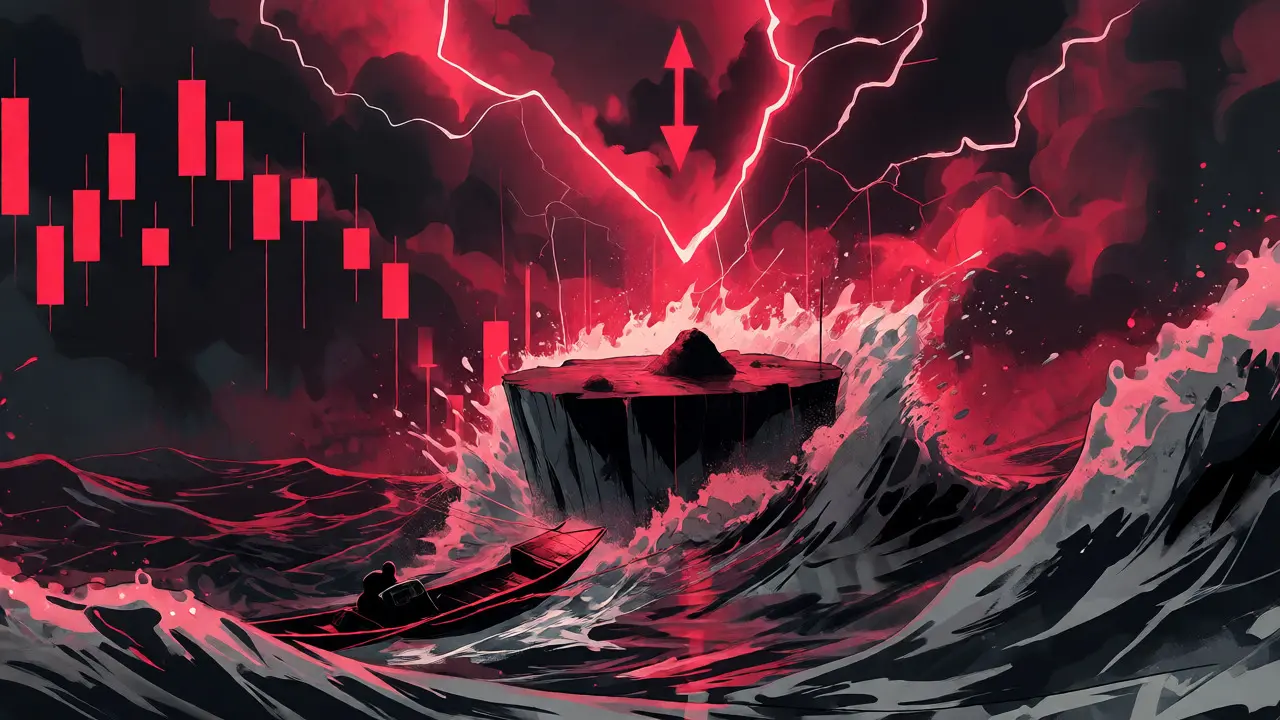 Anime-style depiction of a crypto chart crashing like a cliff over a turbulent red sea.