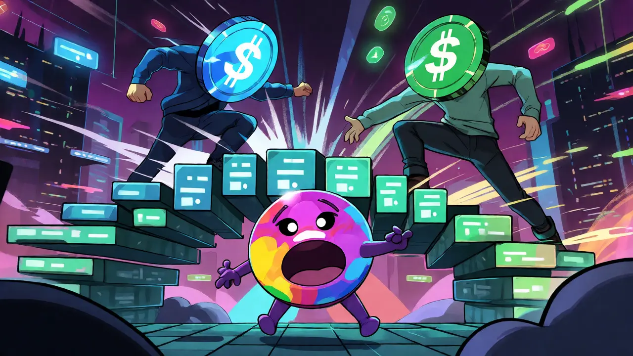 Anthropomorphic stablecoins exchanging on a code bridge with a struggling rainbow token in a cyberpunk setting.
