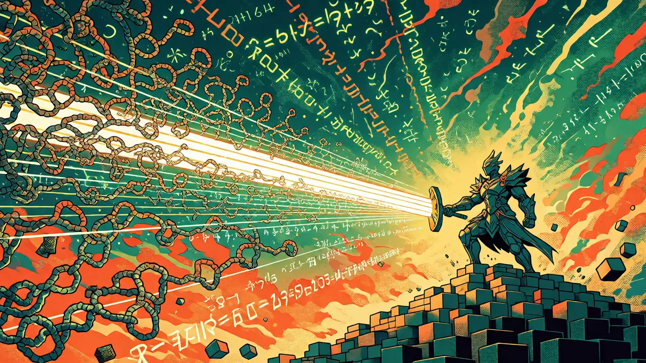Armored guardian slicing through tangled signatures with a linear light sword, representing fast batch verification.