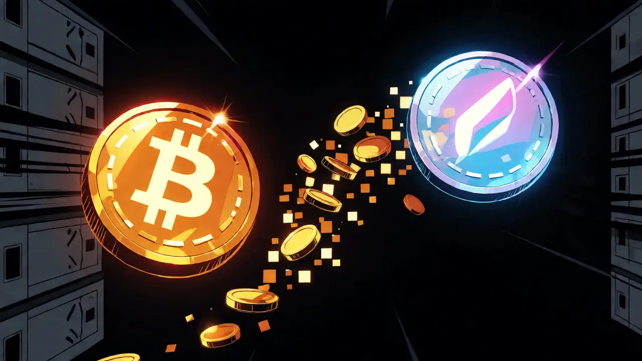 Bitcoin and Auroracoin orbs converting currency in a dark digital space