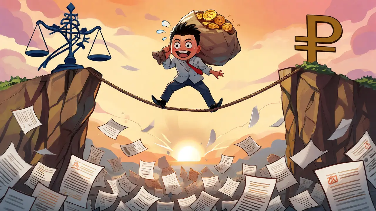 Businessman balancing on tightrope between legal risks and compliance burdens