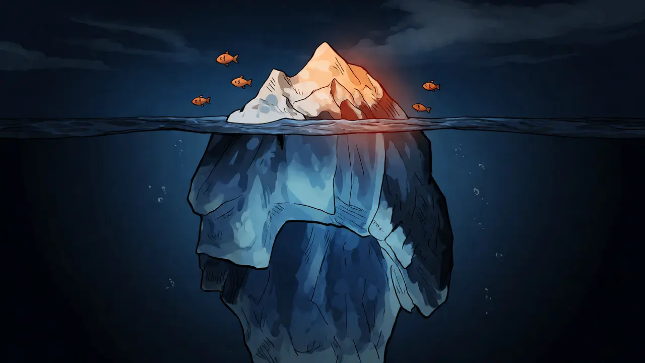 Cartoon iceberg showing small circulating supply vs large hidden total supply of MEI.