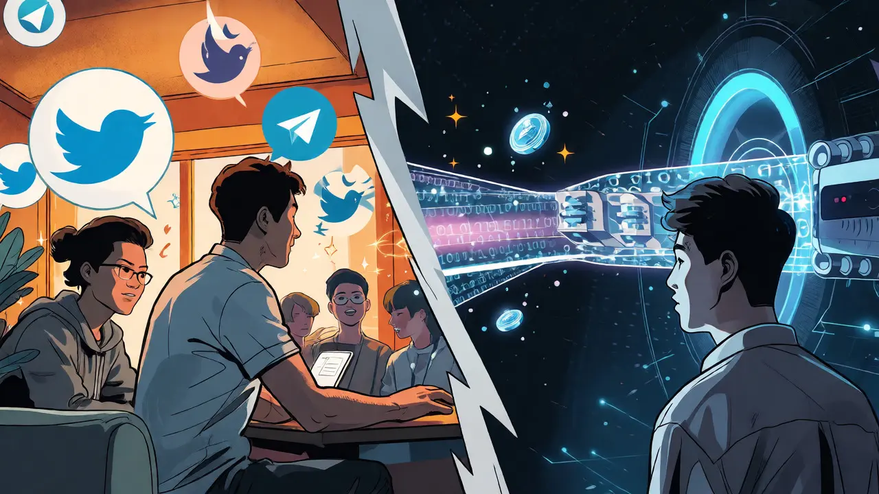 Community avatars connecting to TradeStars via a bridge of light and tokens.