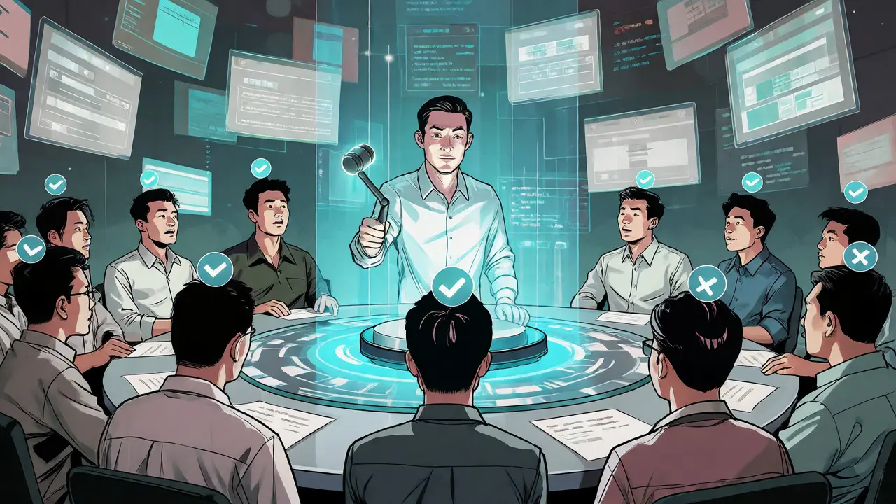 Community members voting on DAO proposals around a holographic table
