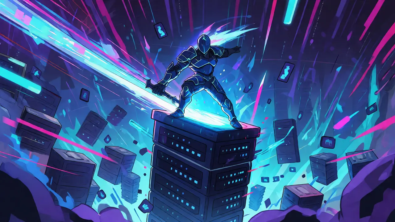 Digital warrior slashing through data streams to visualize PolluxChain's high speed.