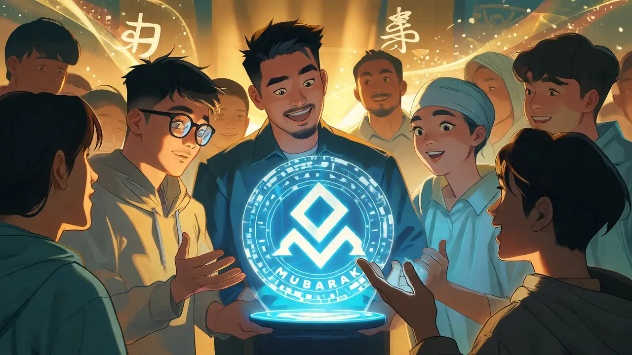 Diverse community celebrating around a glowing crypto logo in Chinese comic art