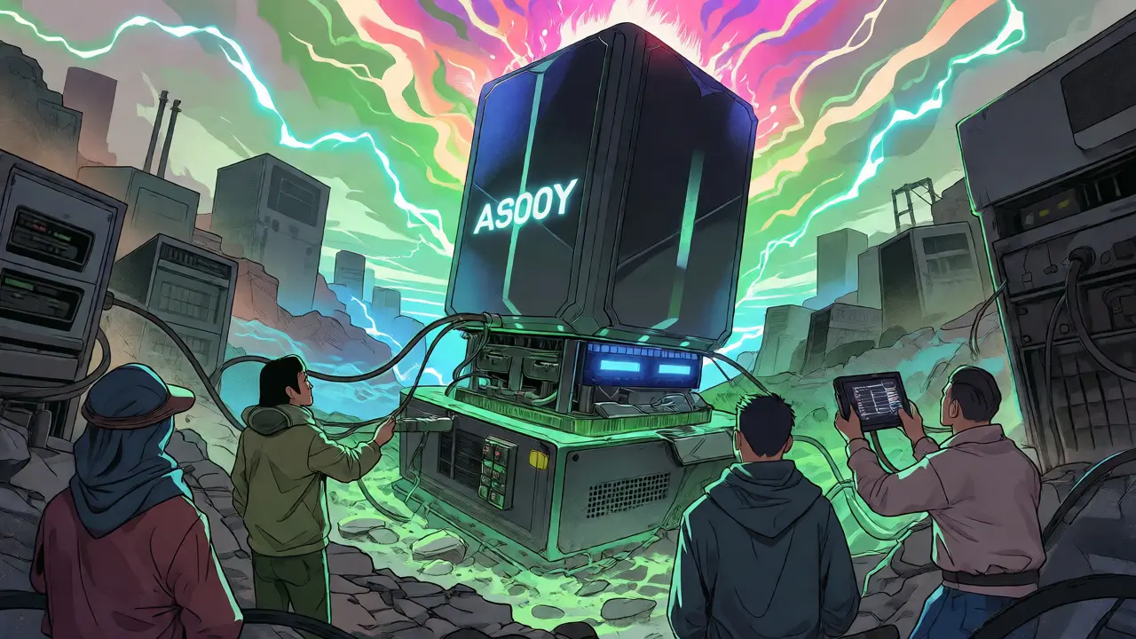 Futuristic ASIC mining machine towering over older computers in a manhua style scene.