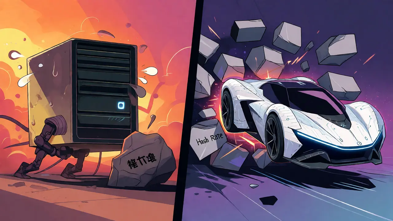Futuristic ASIC robot smashing obstacles next to an old PC