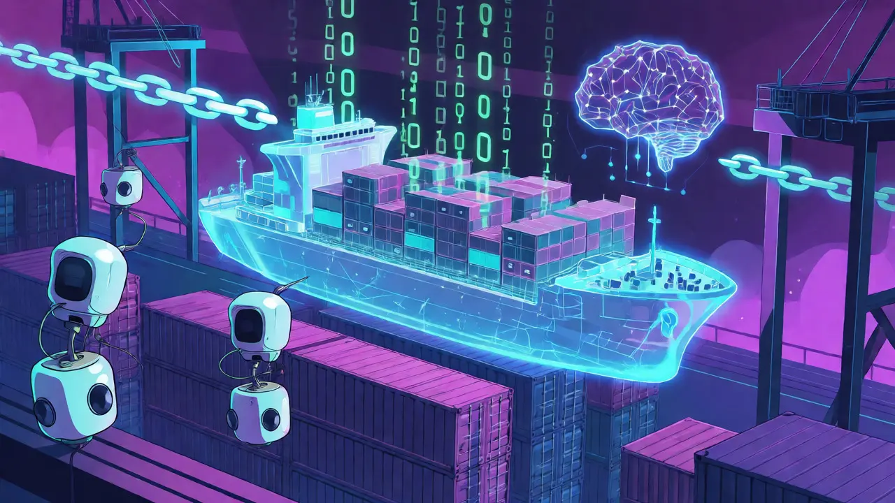 Futuristic manhua scene of AI and IoT sensors feeding data into a blockchain network.