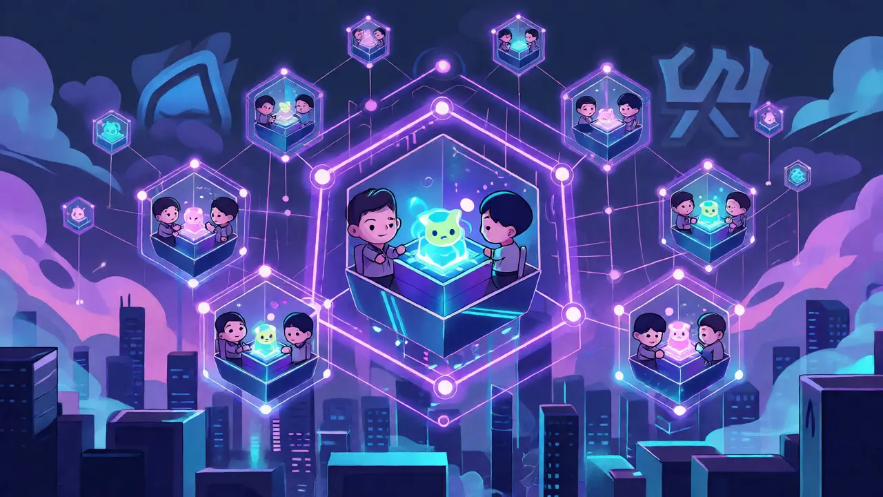 Futuristic Polygon network connecting player avatars and NFT rewards