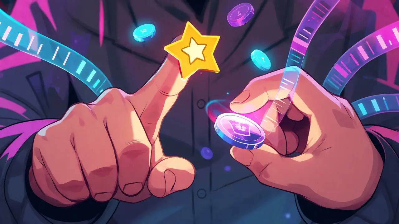 Hands pressing holographic star buttons surrounded by swirling data streams.
