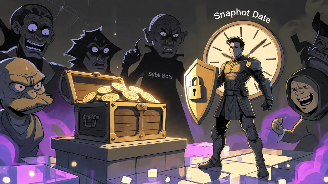 Heroic avatar shielding TSX tokens from cartoonish scam bots near a snapshot clock.