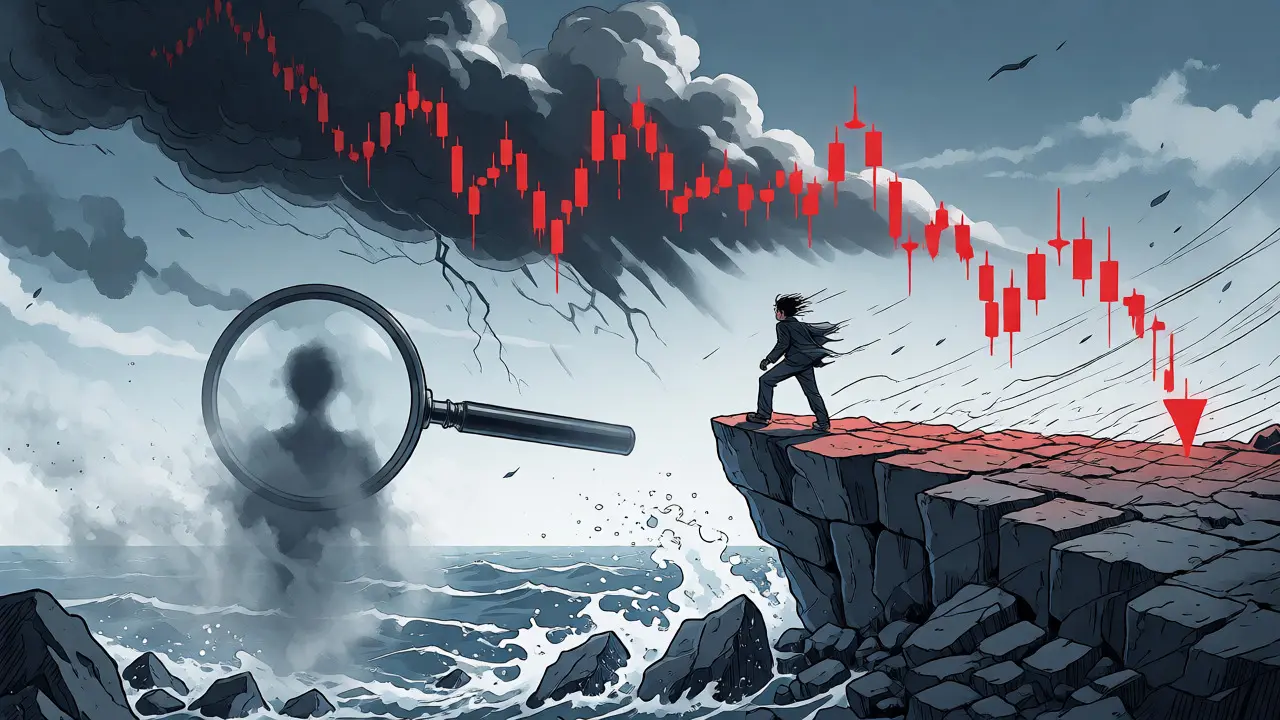 Illustration of a trader facing volatile market waves and opaque team transparency.