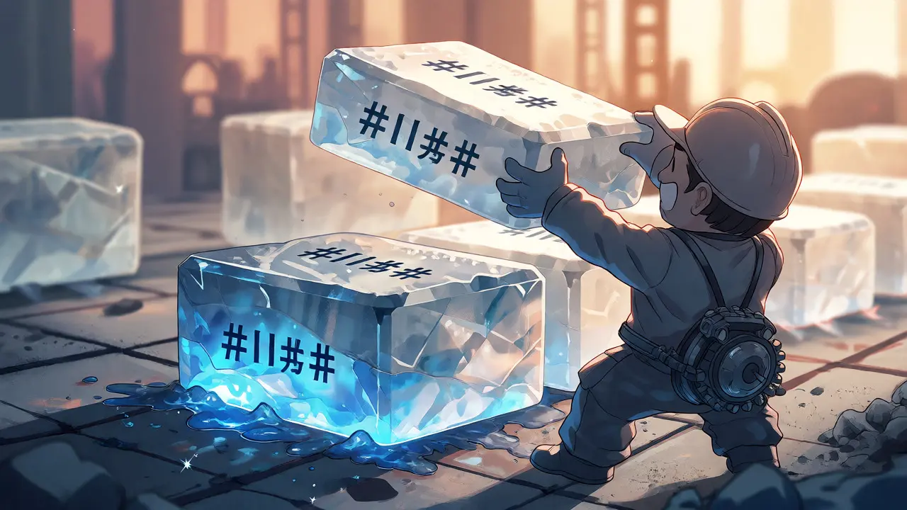Illustration of blockchain blocks stacking like hardening cement, symbolizing increasing security over time.