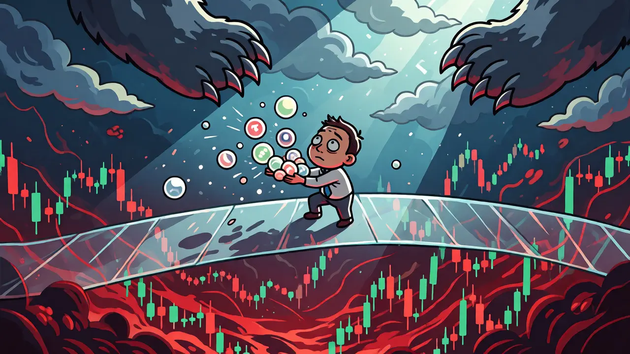 Investor on fragile bridge over volatile crypto chart abyss
