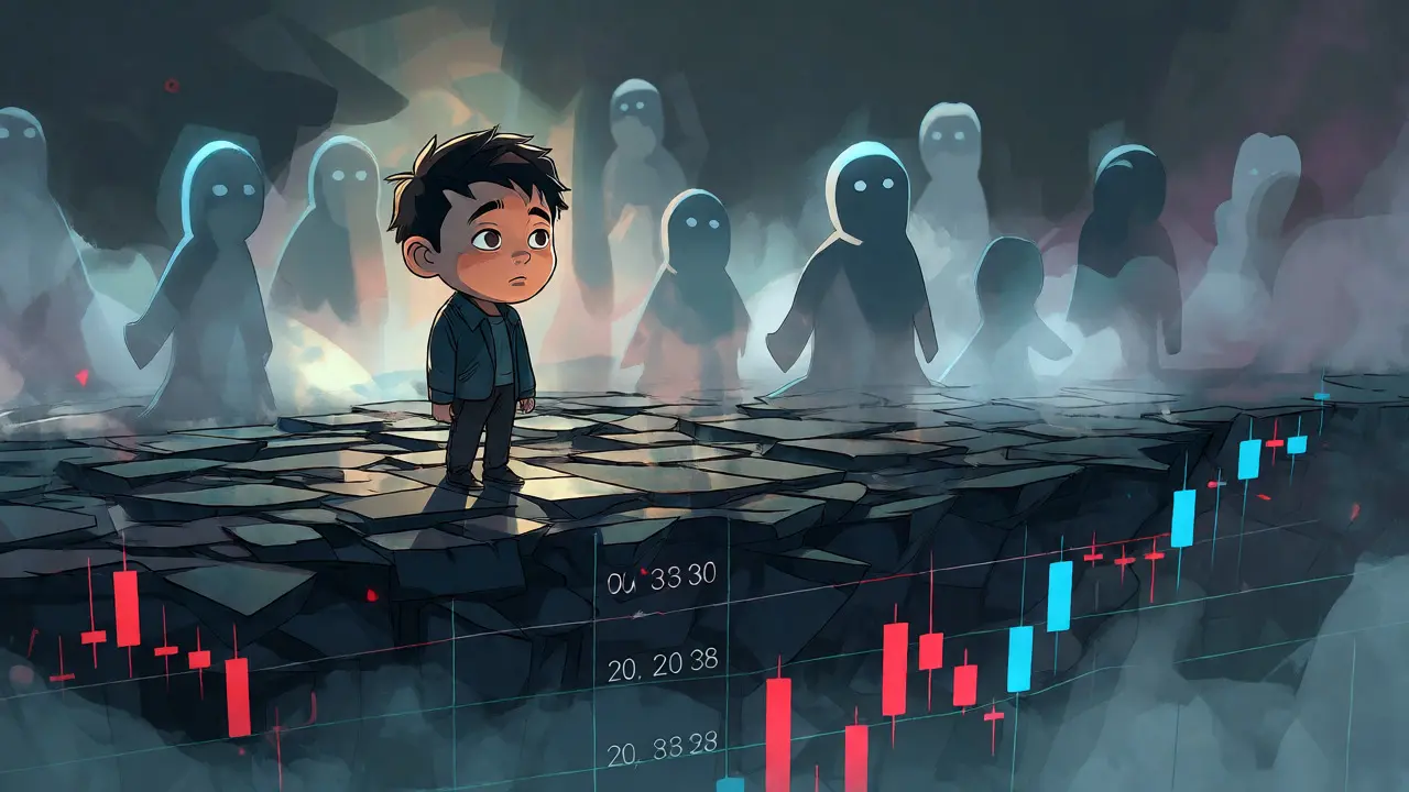 Investor standing on unstable data shards amidst fog representing market risks.