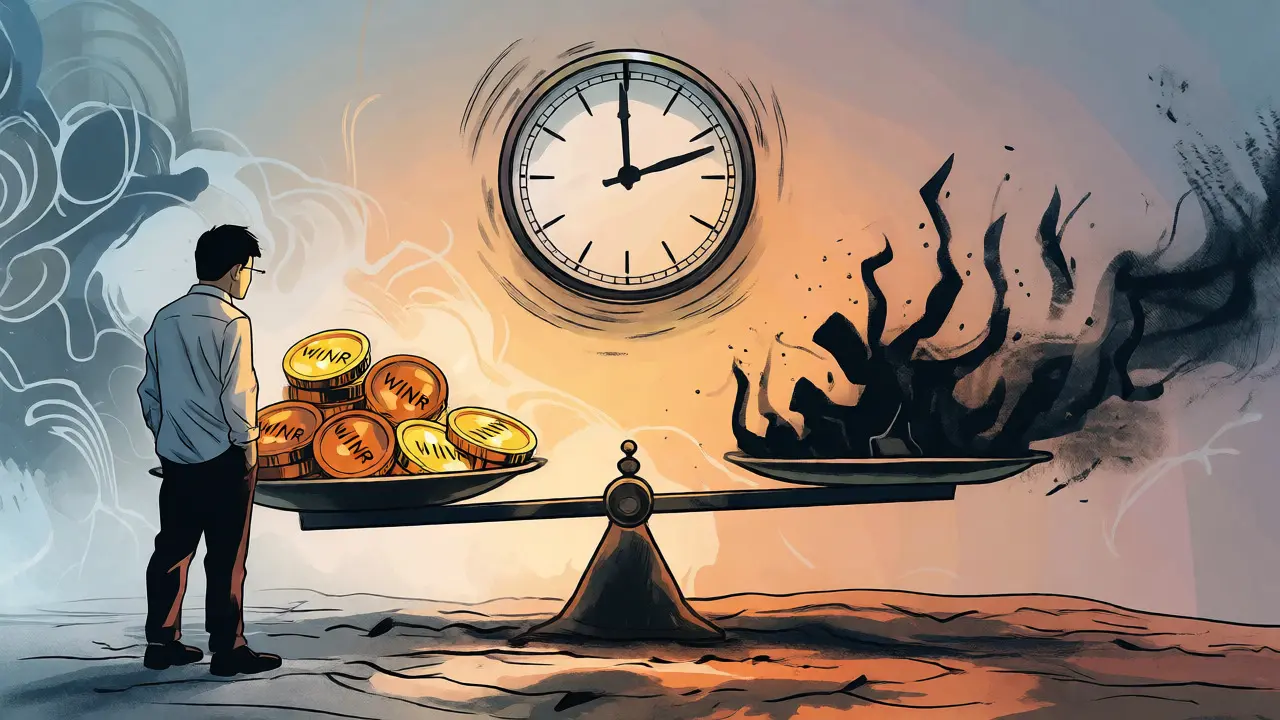 Investor weighing shiny tokens against shadows of market volatility on a scale.