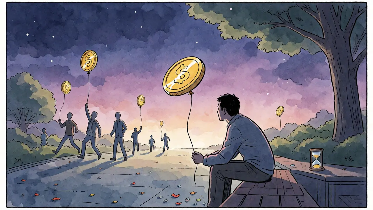 Lone investor reflecting on deflated meme coin value in twilight