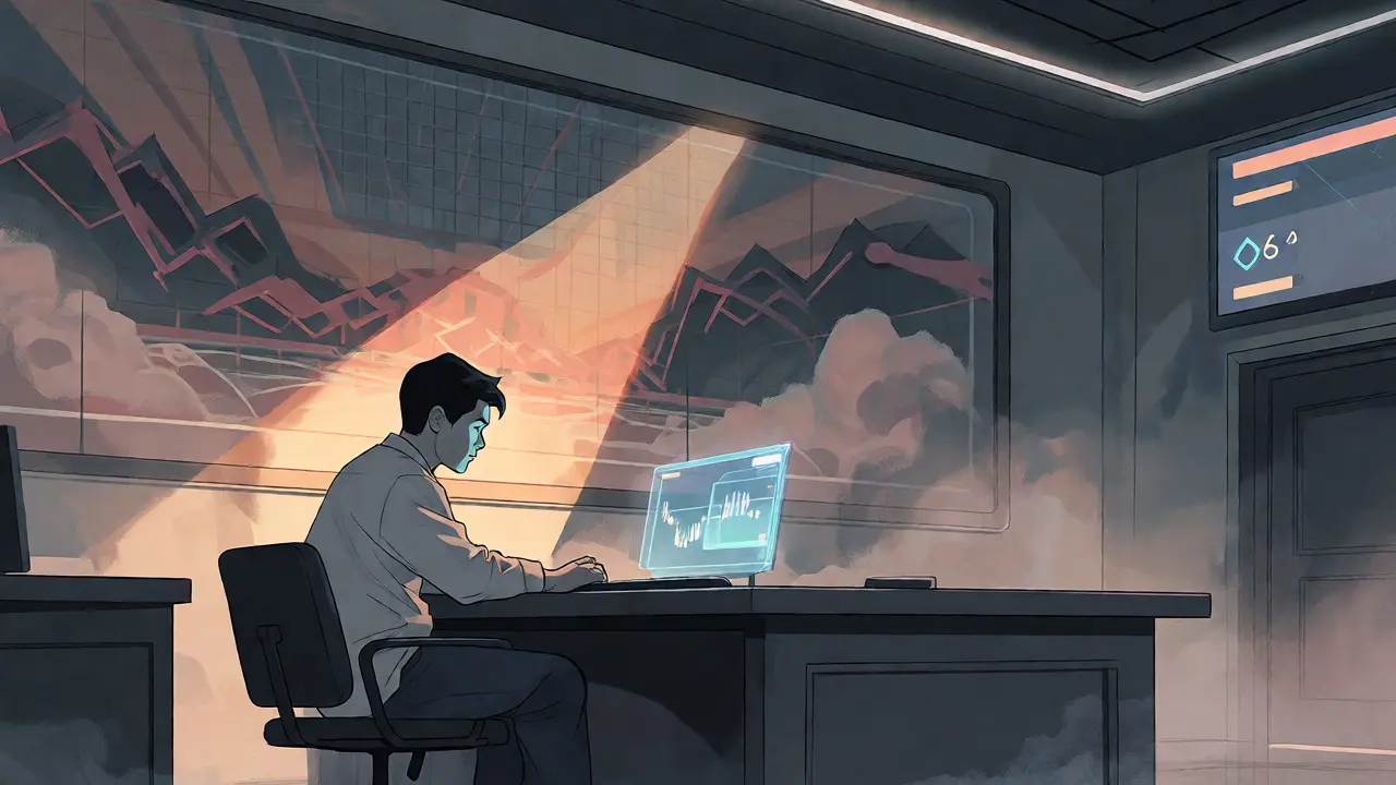 Lone trader viewing a dim holographic chart in a manhua scene representing NUX's current micro-cap status.