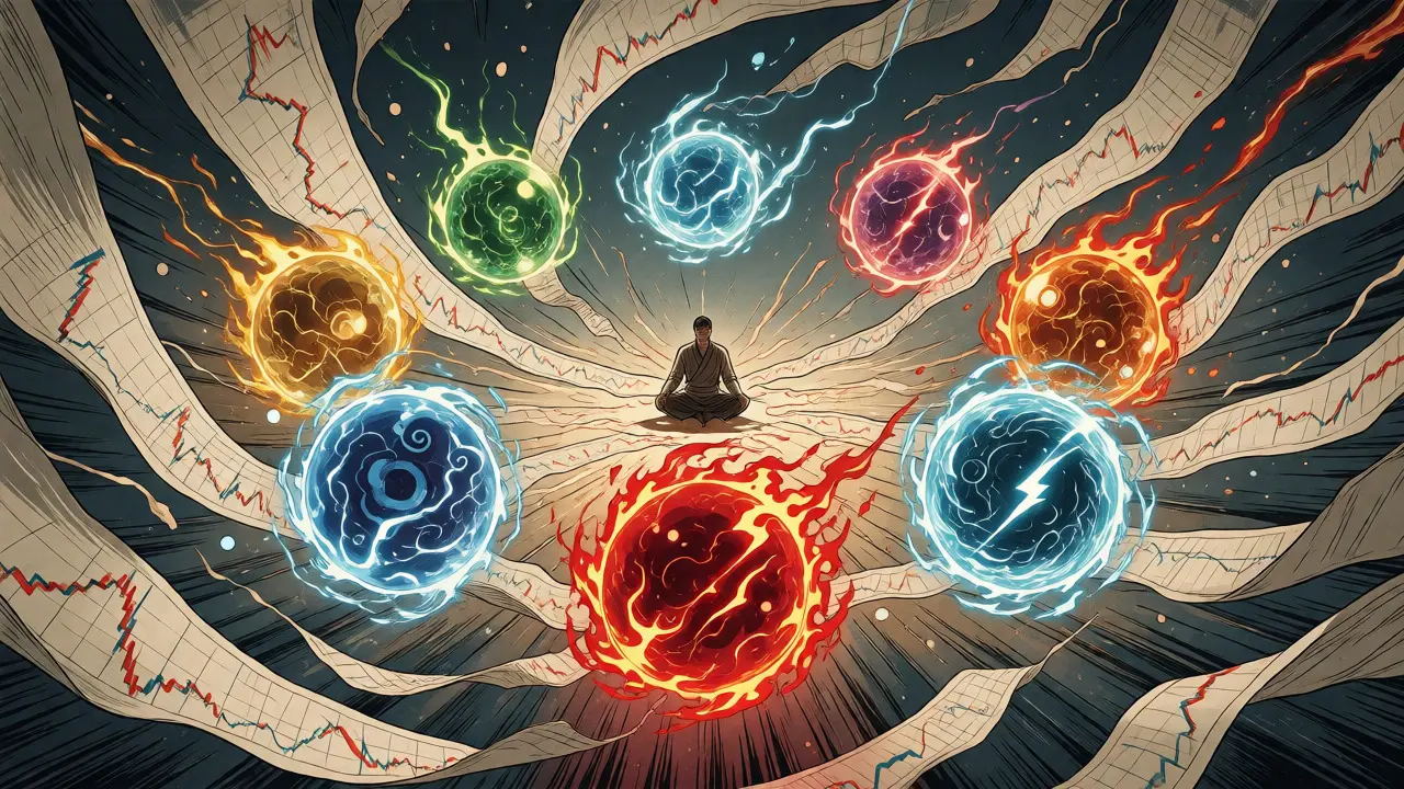 Manhua illustration of seven elemental orbs representing market metrics surrounding a meditator.