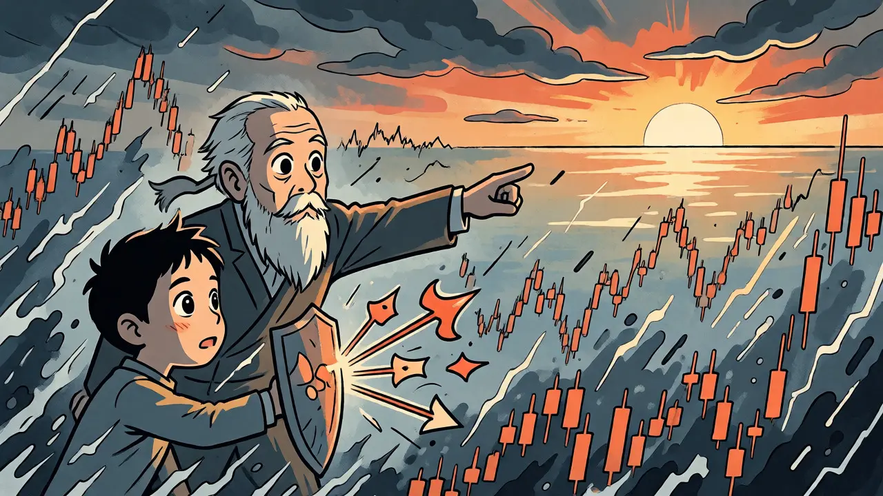 Manhua scene of a mentor guiding a student through a stormy chart-sea toward a calm horizon.