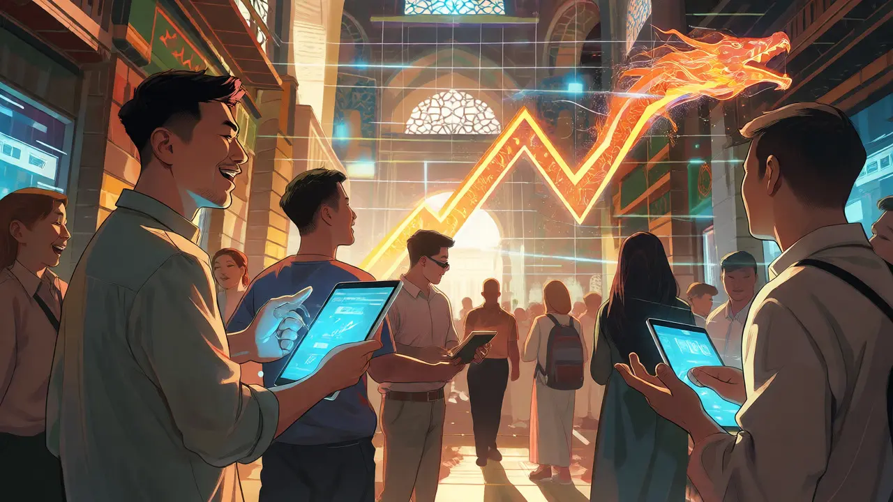 Manhua scene of Amman traders using holographic interfaces as the crypto market grows.